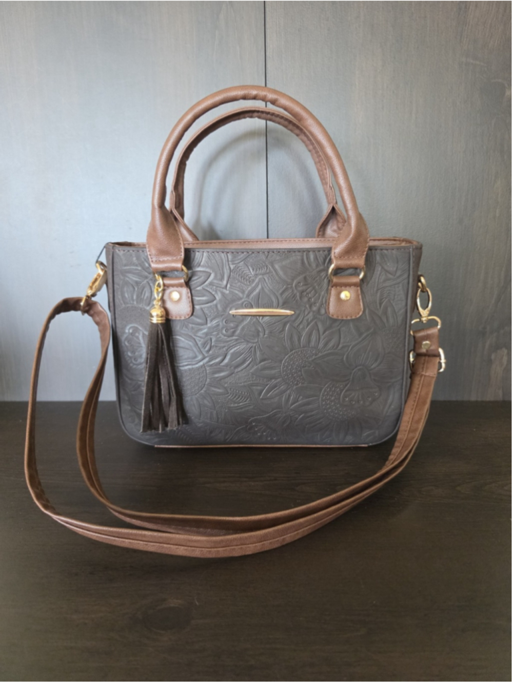 Dark Brown Tasseled Floral Embossed Tooled Artisan LEATHER Crossbody Purse Bag - Picture 14 of 16